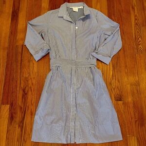 Gretchen Scott Sz Medium Breezy Blouson Pin-Stripe Dress Blue Shirt Button Front
